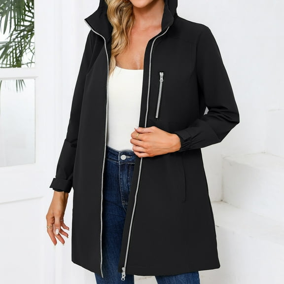 YOUSNH Women's Detachable Hood Water Windbreaker Women's Solid Color Long Sleeved Thin Coat Women's Casual Jackets Black XXL