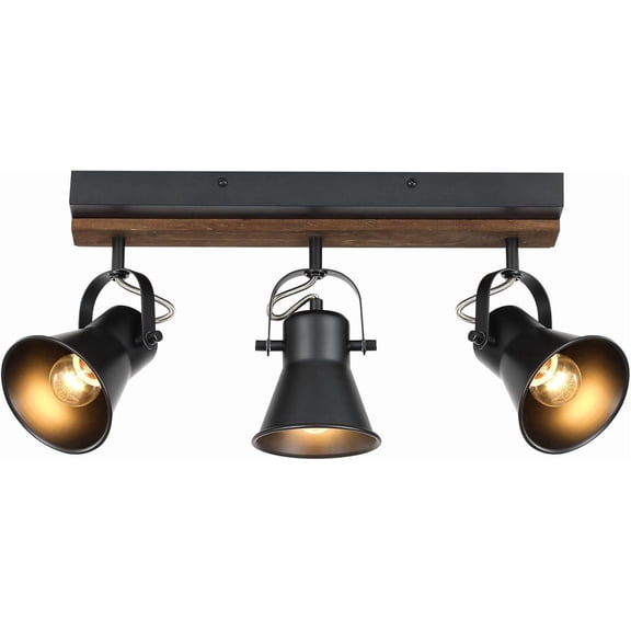 KEESFU 3-Light Industrial Track Lighting Fixture, Black Round Head Ceiling Spot Light with Wood Accent, Adjustable Wall Light for Kitchen Living Room