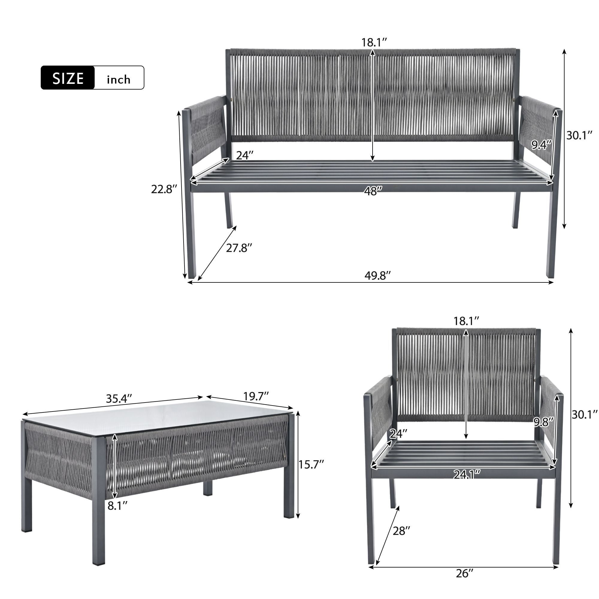 DEALTOPS 4-Piece Rope Patio Furniture Set, Outdoor Furniture with Tempered Glass Table, Patio Conversation Set Deep Seating with Thick Cushion for Backyard Porch Balcony-Grey