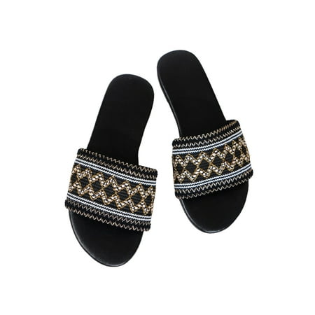 

Lacyhop Women s Slides Slip On Flat Sandals Open Toe Footbeds Beach Lightweight Summer Shoes Cozy Ethnic Casual Shoe Black 6.5