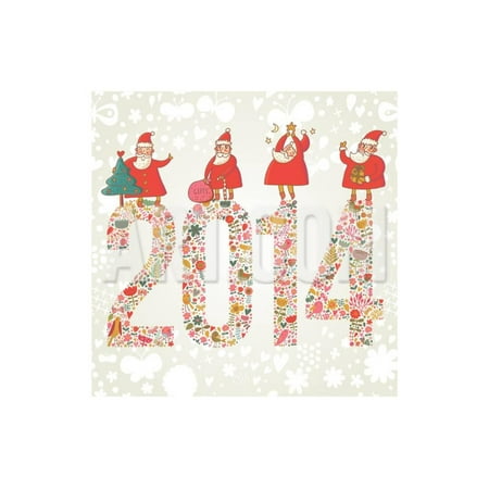2014 Concept New Year Background. 2014 Made of Bright Flowers with Funny Santa and Gifts on Top in Print Wall Art By