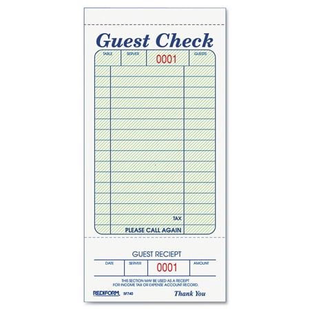 Top Stub Checkbook Cover - Guest Check Book, 3 3/8 x 6 1/2, Tear-Off at Bottom, 50/Book