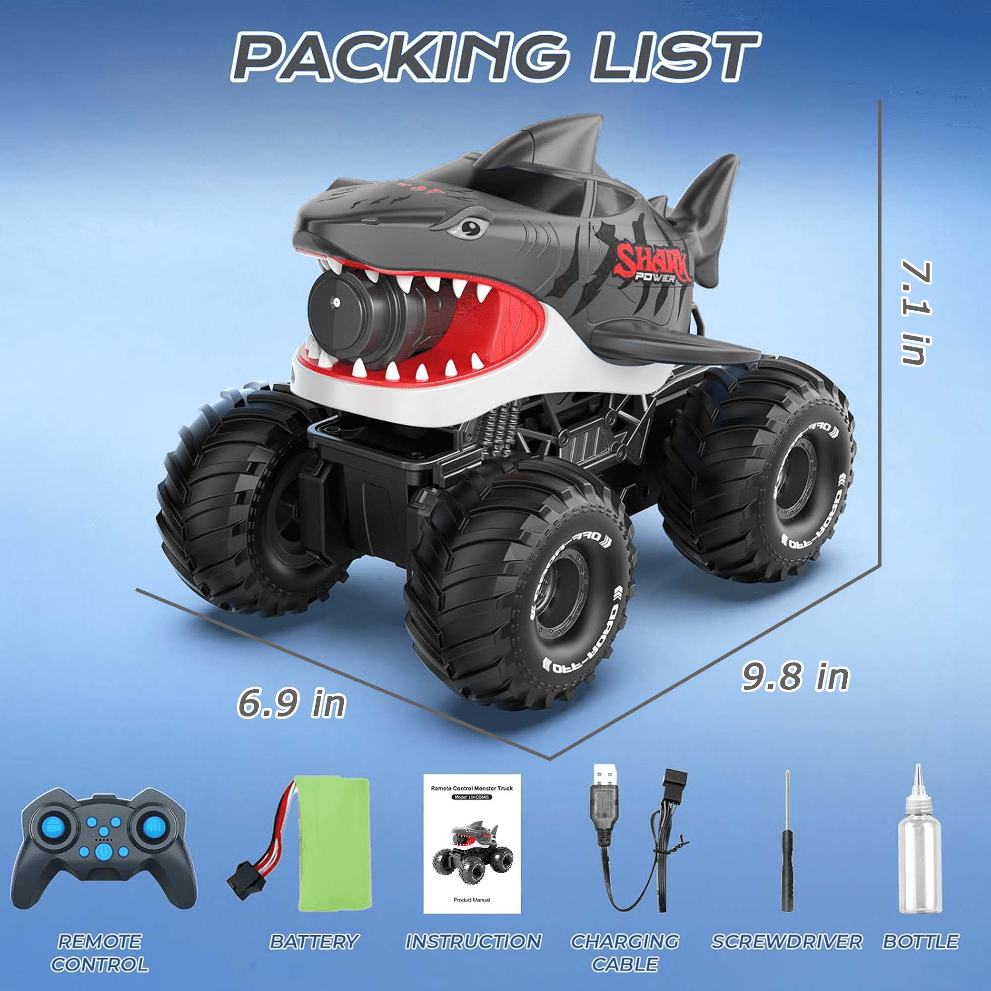 Richgv Remote Control Car Amphibious RC Shark Truck with Water Squirt, Waterproof All Terrain Off-Road Monster Truck, Kids Pool Toy Gift for Boy Girl Age 6+
