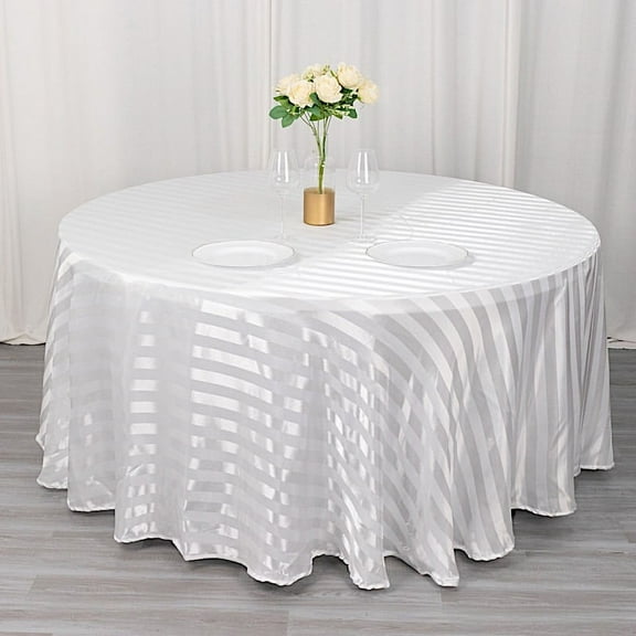 BalsaCircle 120 in White Stripes Satin Round Tablecloth Wedding Party Linens Events Reception Decorations Supplies