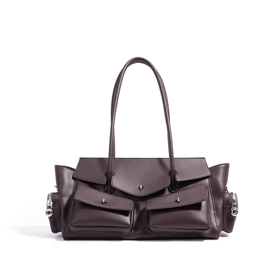 Cowhide Leather Women Multi Pocket Shoulder Bag, Work Tote Bag, Smooth Texture, Large Capacity