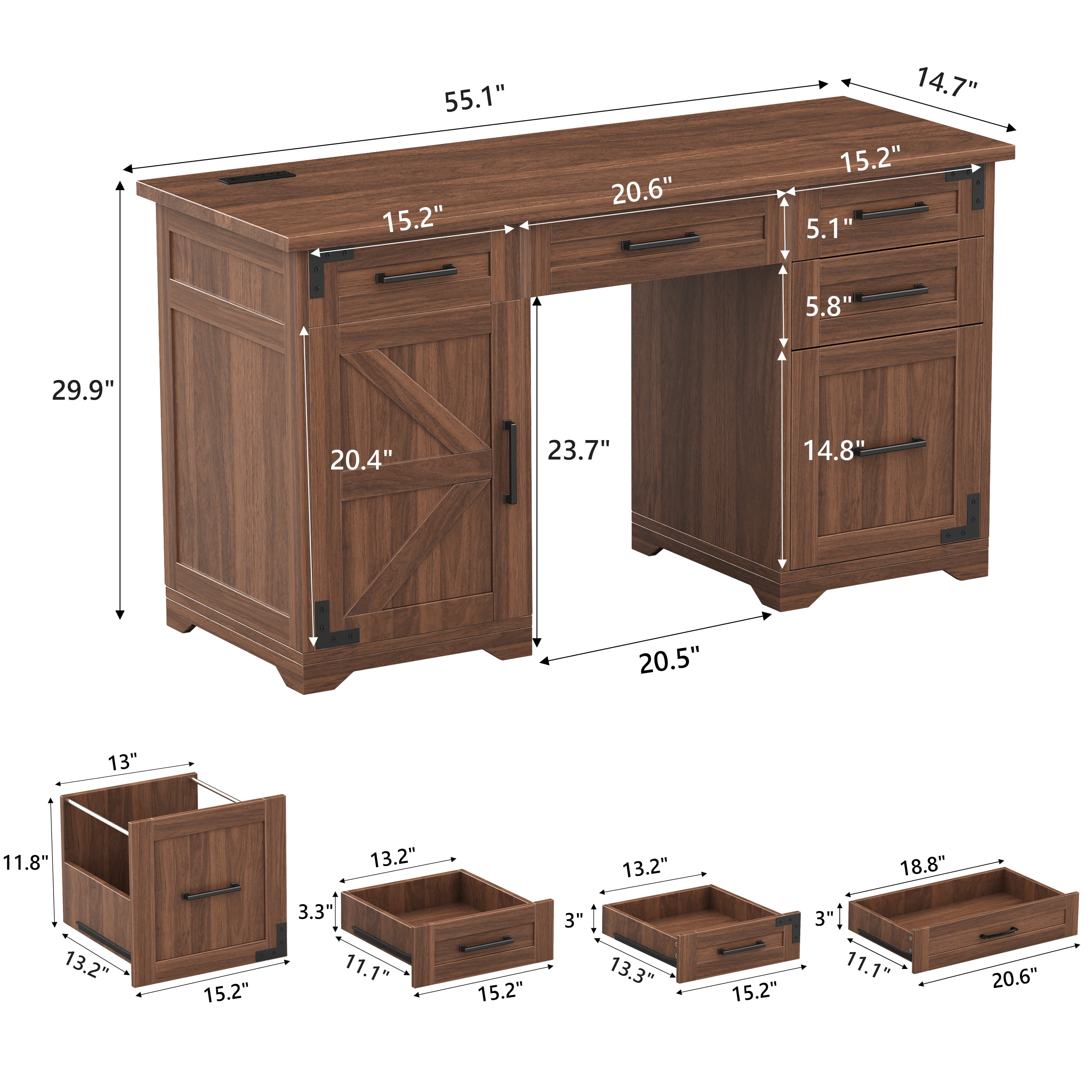 Aukfa 55" Farmhouse Executive Desk with Charging Station, Home Office Computer Desk with File Drawer & Storage Cabinet,Walnut