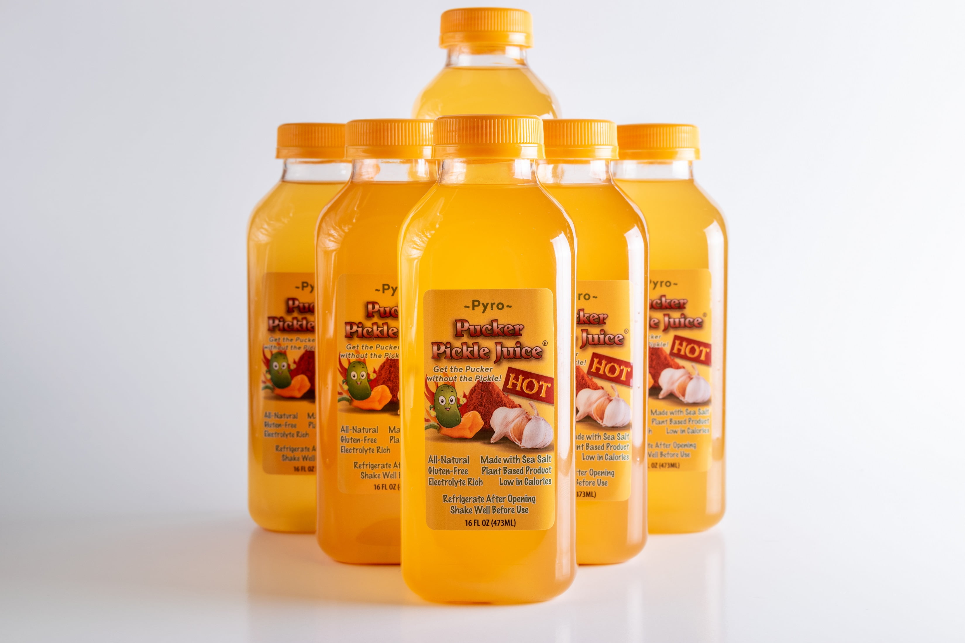 Pucker Pickle Juice Pyro Spicy Hot Flavor 6Pack of 16 ounce Bottles