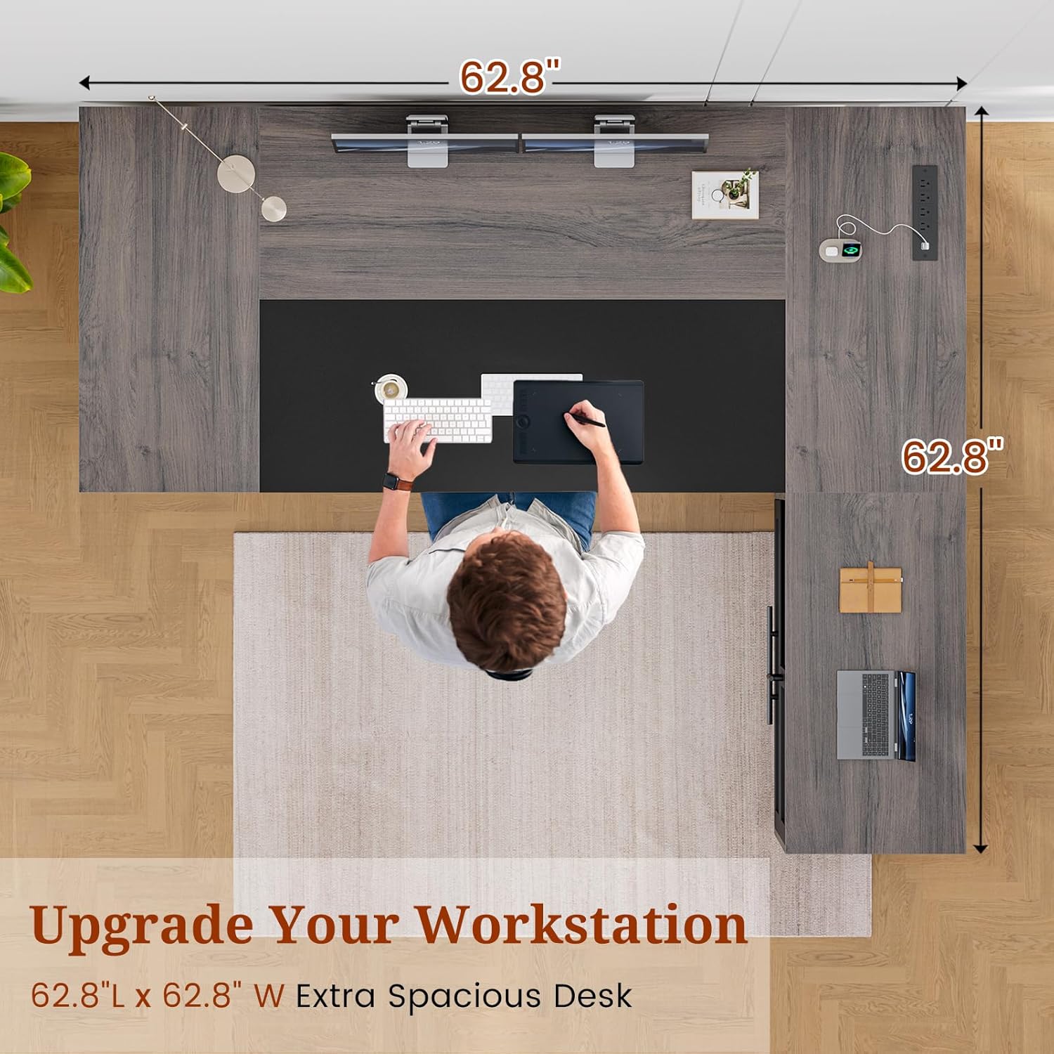 63" L Shaped Executive Desk with Mobile File Cabinet, Modern Corner Computer Desk with Power Outlets, Desk Business Workstation Set, Gray