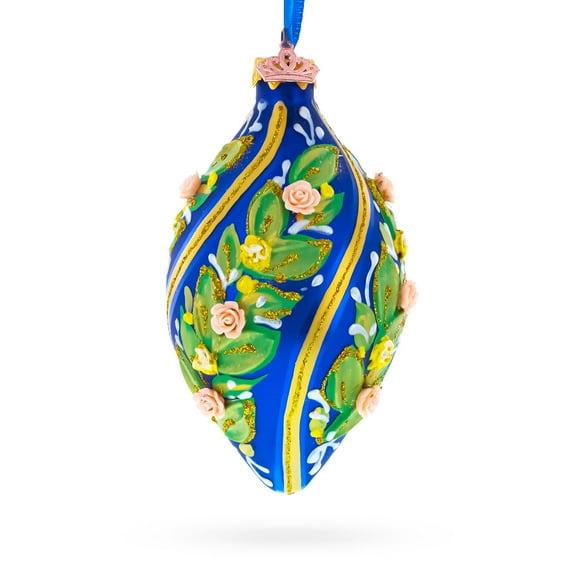 Swirl Roses on Blue Pointed Teardrop Finial Glass Christmas Ornament