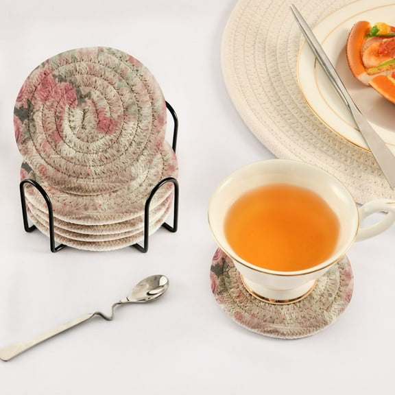 BZSMCE 6Pcs Drink Coasters With Holder 3.94Inch Kittens Tea Roses Creative Coil Coaster Coasters Colors Absorbent Coasters for Drinks Coasters Set Thicken Heat for Home Table