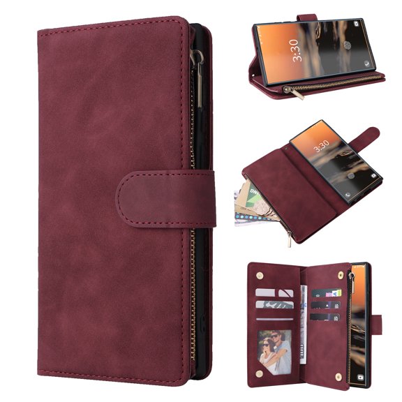 2 in 1 Wallet Case for Samsung Galaxy A05s, Luxury PU Leather Zipper Wallet Kickstand Cover with Card Slots & Lanyard & Photo Pocket, Magnetic Buttons Buckle Shockproof Case - Winered