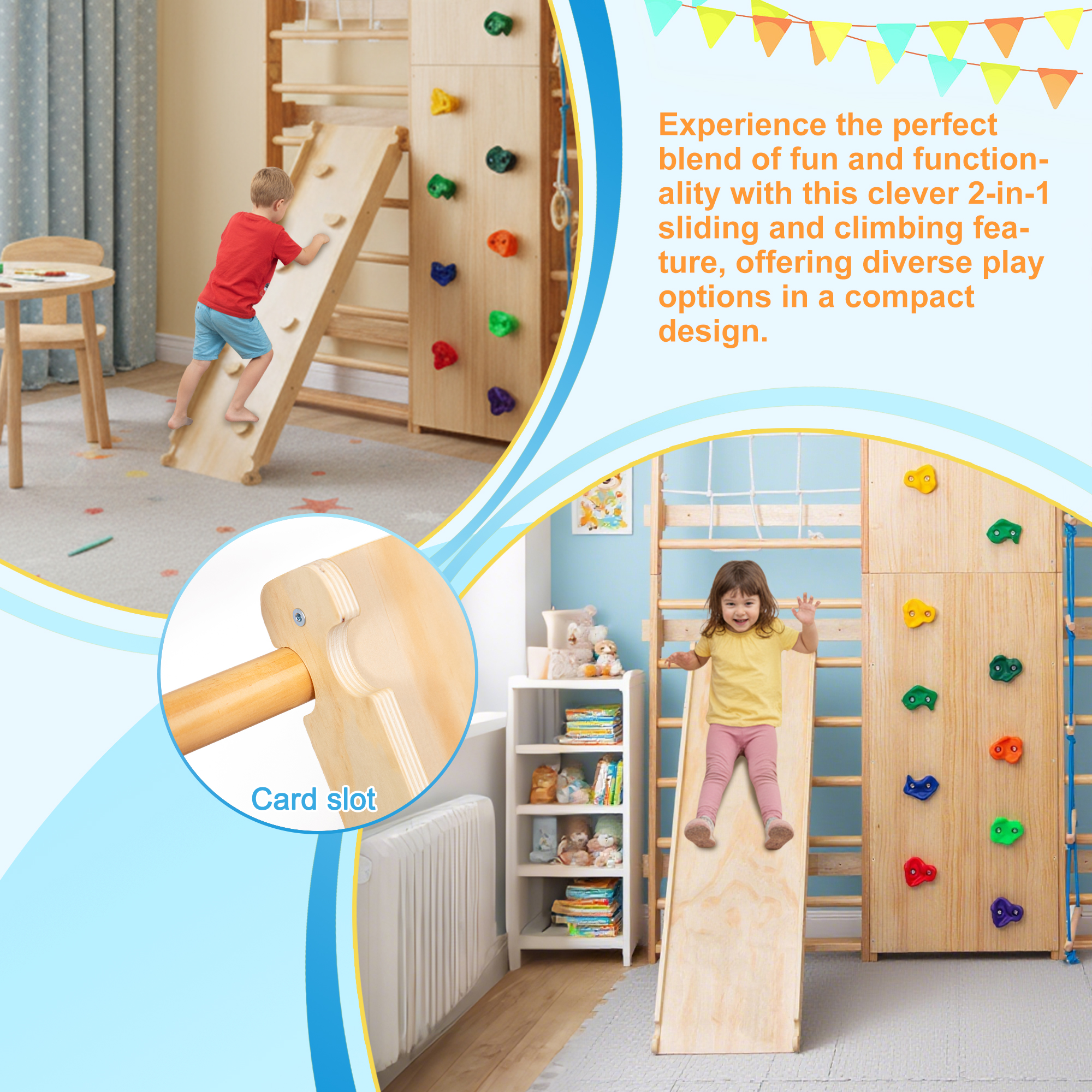 EUROCO 10-in-1 Wall-Mounted Wooden Playground Climbers, Indoor Jungle Gym for Kids, Ladder Wall Gym Set with Trapeze Swing, Rock Climbing Wall, Wooden Swings, Pull-up Bar and Rope Ladders