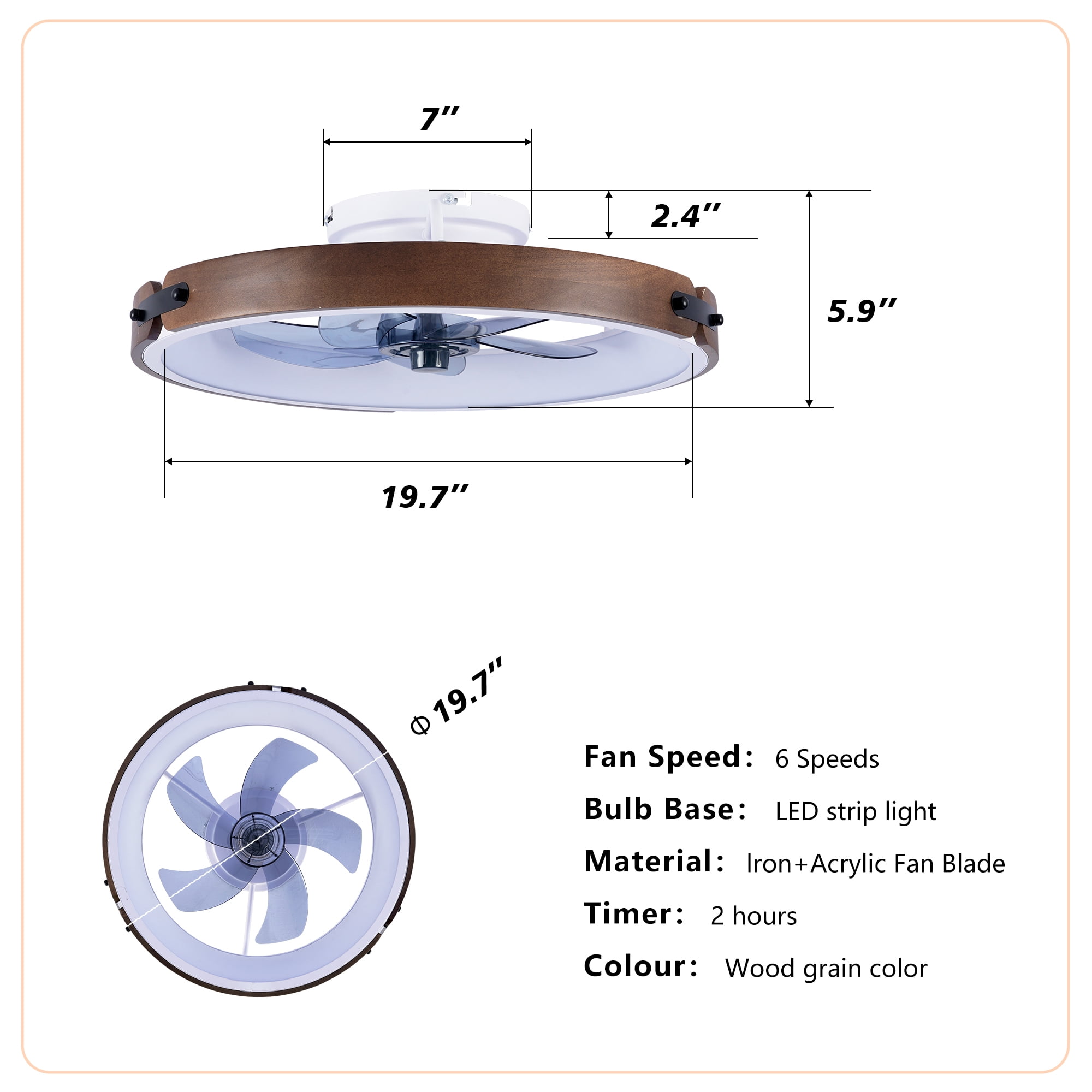 Leumius 20" Ceiling Fans with Light and Remote, 3000-6500K Dimmable Modern Flush Mount LED Fan Light, 6 Speeds, Quiet DC Motor for Living Room Bedroom Kitchen Brown