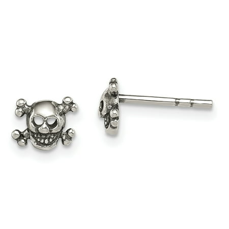 Sterling Silver Polished and Antiqued Skull Post Earrings