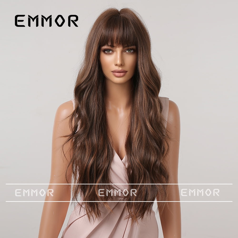 Women's Wig with Bangs, Highlighted Gradient Brown, Big Wavy Long Hair, Natural Full Head Wig, Daily Realistic Wig