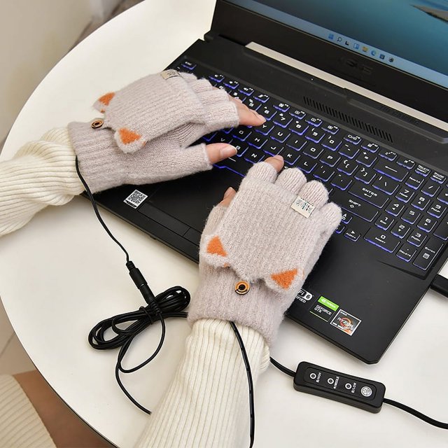 Guantes calentados por USB Dedos de gatos ZHAOCHENG Blanco B Guantes cálidos con calefacción completa