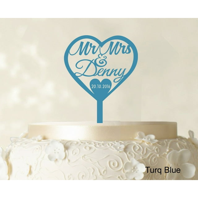 Personalized Mr And Mrs Wedding Cake Topper With Date And Heart Cake Decorations Color Option Available 5.5-6.5 Inches Wide