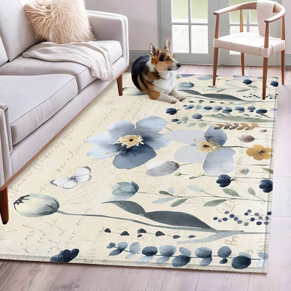 3'x5' Rug for Living Room Bedroom, Spring Blue Floral Washable Area Rugs Non-Slip Carpet Mats, Vintage Garden Wildflowers Botanical Indoor Low Pile Area Rug Runner for Kitchen, Mudroom