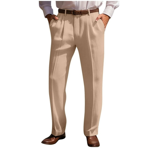 YanHoo Pantalons Décontractés en Coton et Lin pour Hommes, Pantalons Habillés à devant Plat