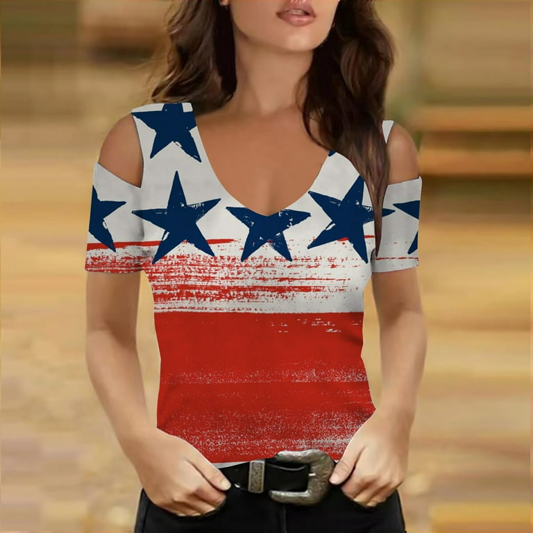 SOOMLON 4th of July Red White Blue T Shirt for Women Print Strapless Blouse Cold Shoulder Short Sleeve White M