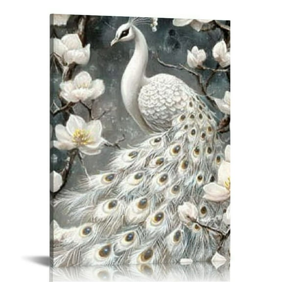 FCXZI  White Peacock Canvas Wall Art Elegant Bird and White Flower Painting Picture for Living Room Bedroom Grey and Yellow Decor 12x16in