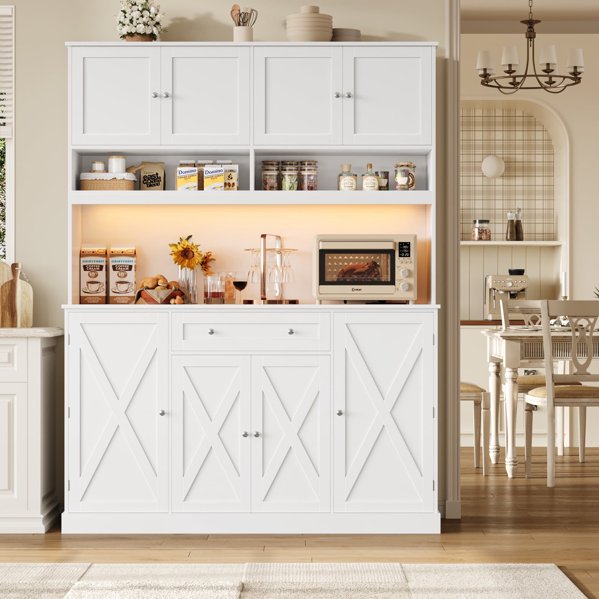 Homfa 72.8'' Tall Kitchen Pantry Cabinet with LED Lights & Charging Station, 8 Doors Storage Cabinet with Drawers & Shelves & Countertop, Kitchen Hutch with Adjustable Shelves for Dining Room, White