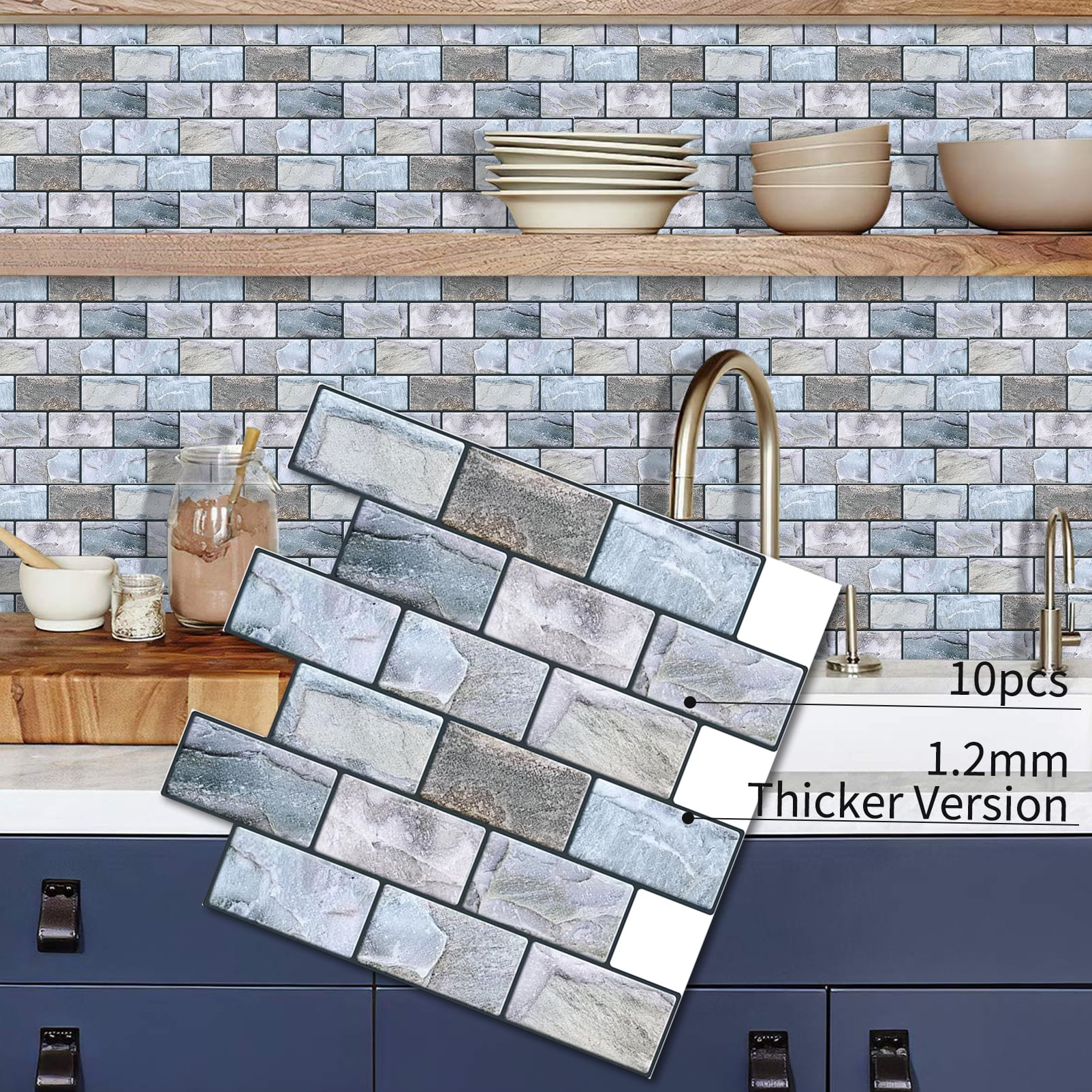 DEWOO 10 Sheets Peel and Stick Tile Backsplash for Kitchen Wall Tile, Self Adhesive Brick Backsplash Subway Tiles Backsplash, Stick on Tiles Kitchen Backsplash(Retro Blue,10.6"x10")