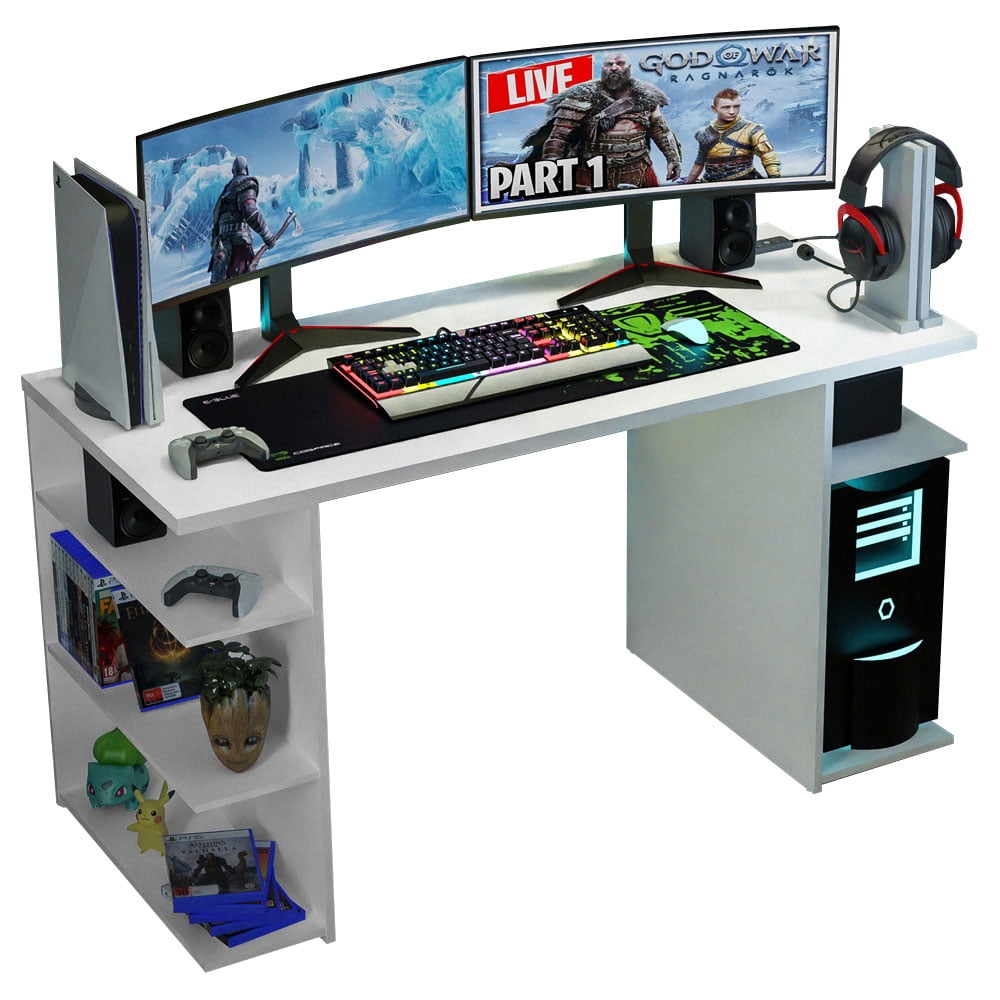 Madesa Large Modern Gaming Computer Desk 53 Inch with 5 Shelves Cable Management Student Study Wooden Table Home Office Gamer Desk for Kids and Adults - White
