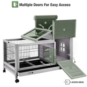 Aivituvin Rabbit Hutch with Wheels for Indoor Outdoor, Wooden Rabbit Cage with Removable Wire Netting & Leak Proof Tray, Mobile Bunny Cage, Gray