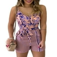 thumbnail image 3 of Female Summer Loose V Neck Spaghetti Strap Short Sleeveless Playsuits with Waist Belt, 3 of 5