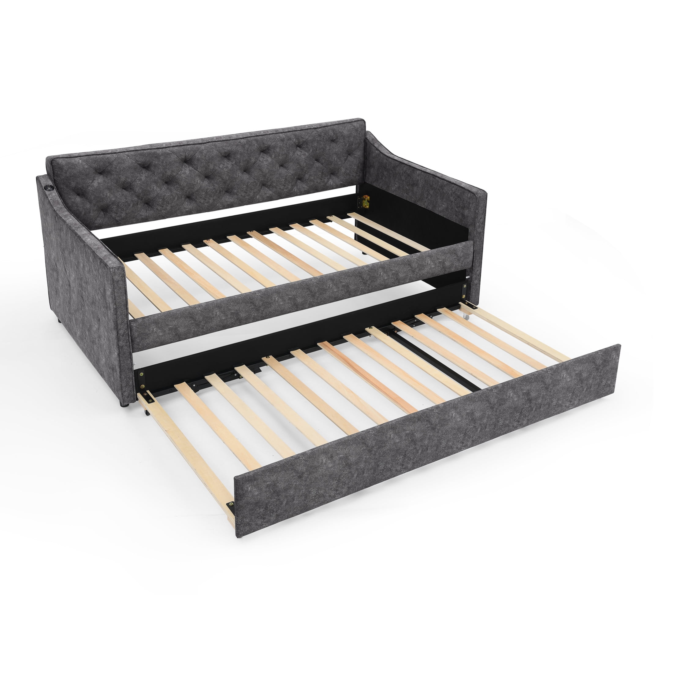 Noble House Belric Twin Size Velvet Tufted Daybed, Sofa Bed Frame with Pop-Up Trundle and Built-In Charging Port, Grey