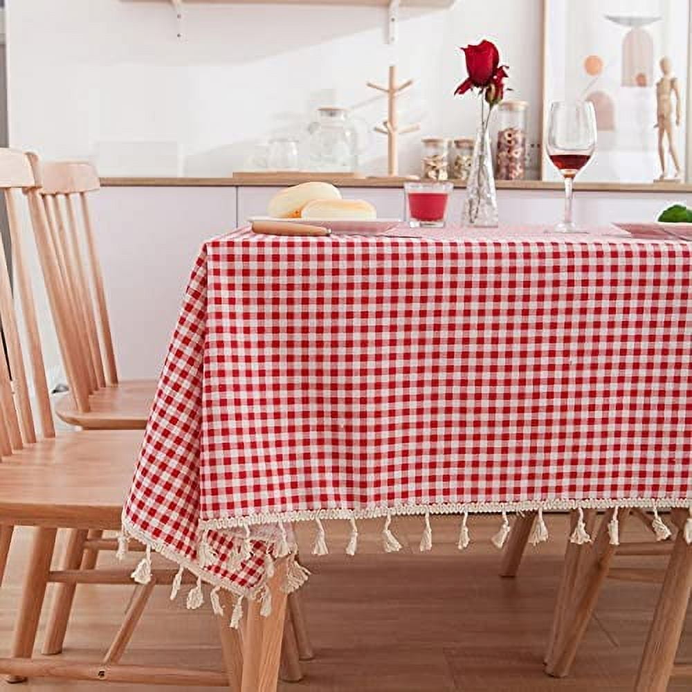 NAMZI Checkered Table Cloth, Vintage Gingham Checkered Tablecloth with Tassel, Red and White Plaid Cotton Linen Table Cover, Rectangle Dustproof Tablecloth for Kitchen Dining Decoration（Red）