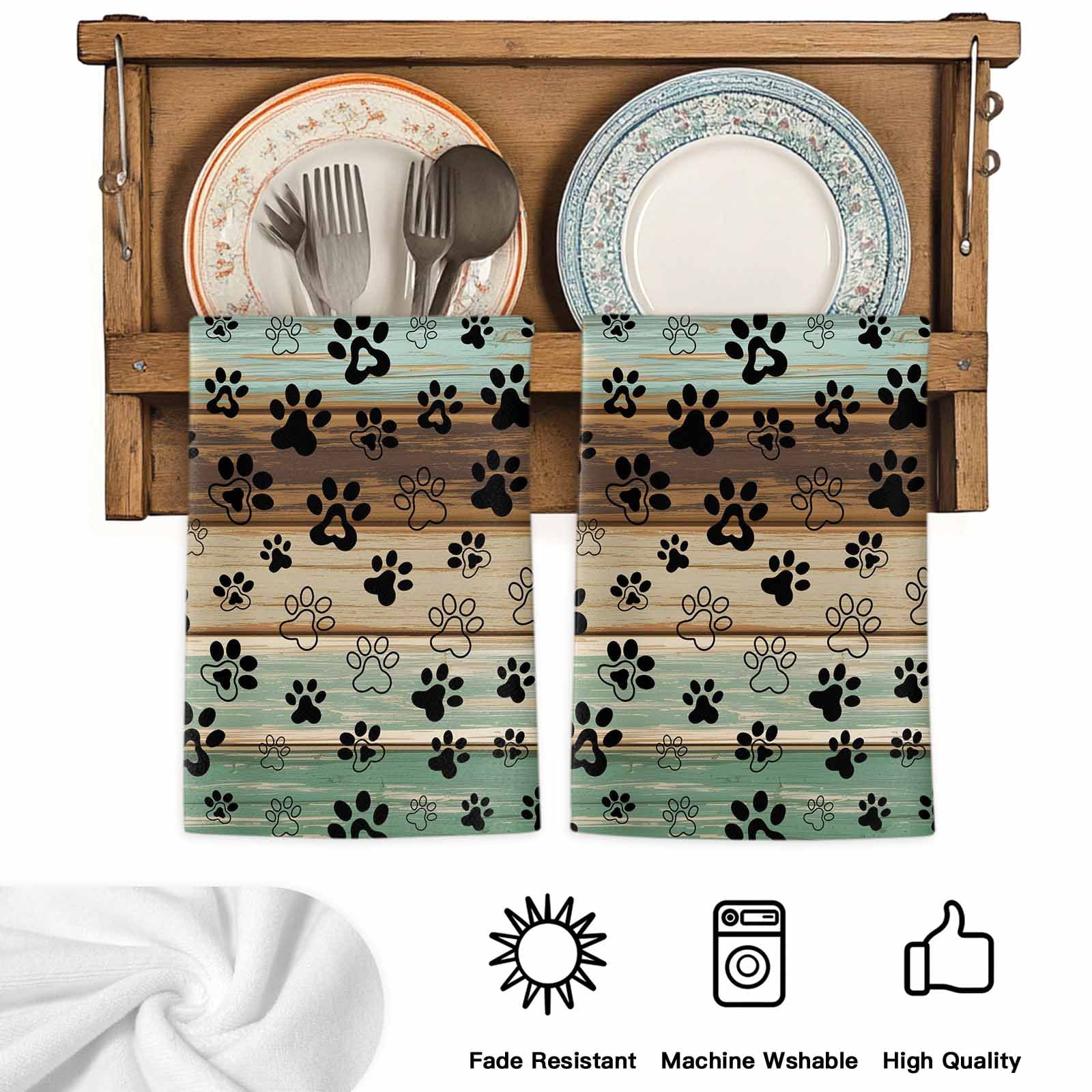Teal Brown Kitchen Towels Set of 2, Pet Paw Printed Farmhouse Dog Claws Wood Grain Absorbent Dish Towels for Kitchen, Microfiber Hand Towel, Quick Drying Tea Towel for Cleaning Decorative Dishcloths