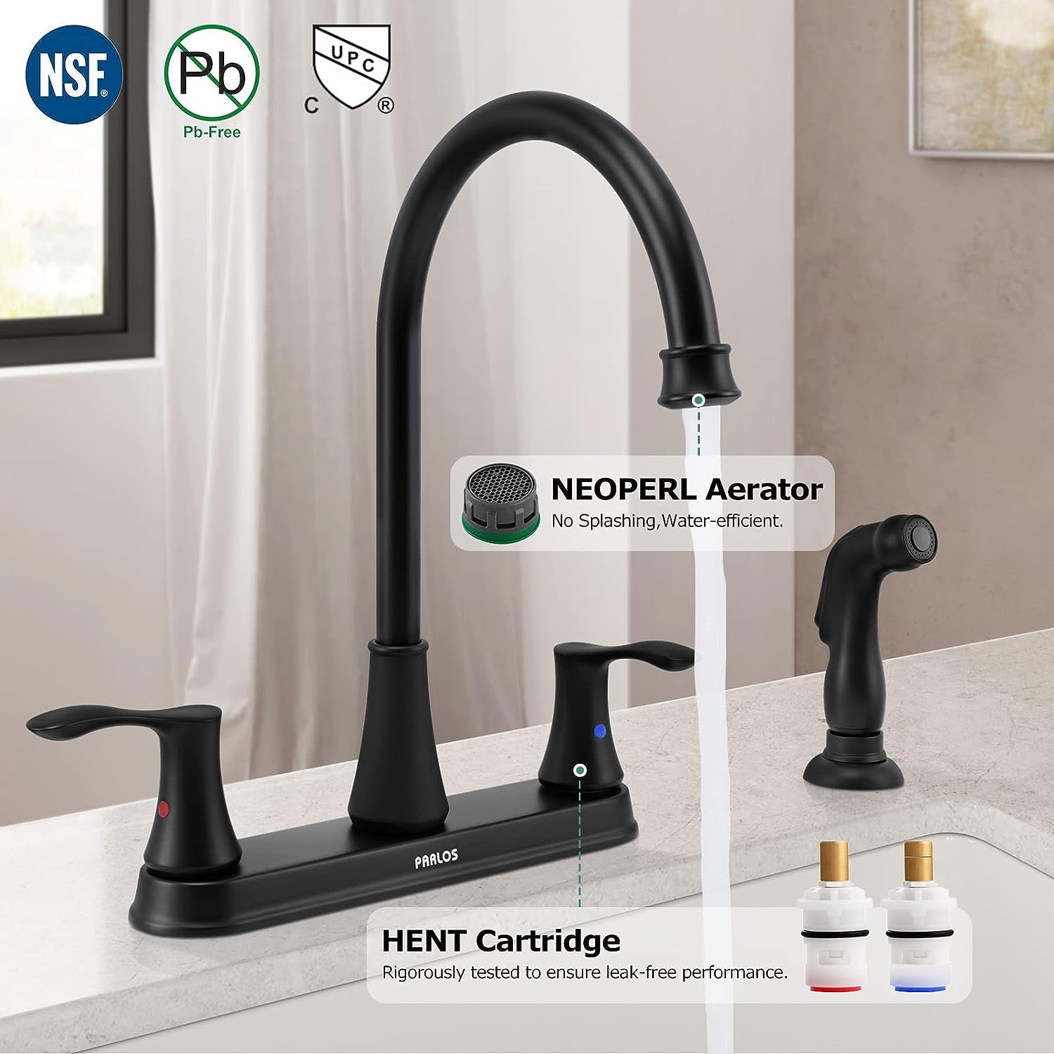 PARLOS 8 Inch Two Handles High Arch Kitchen Sink Faucet with Side Sprayer & Supply Lines, Matte Black