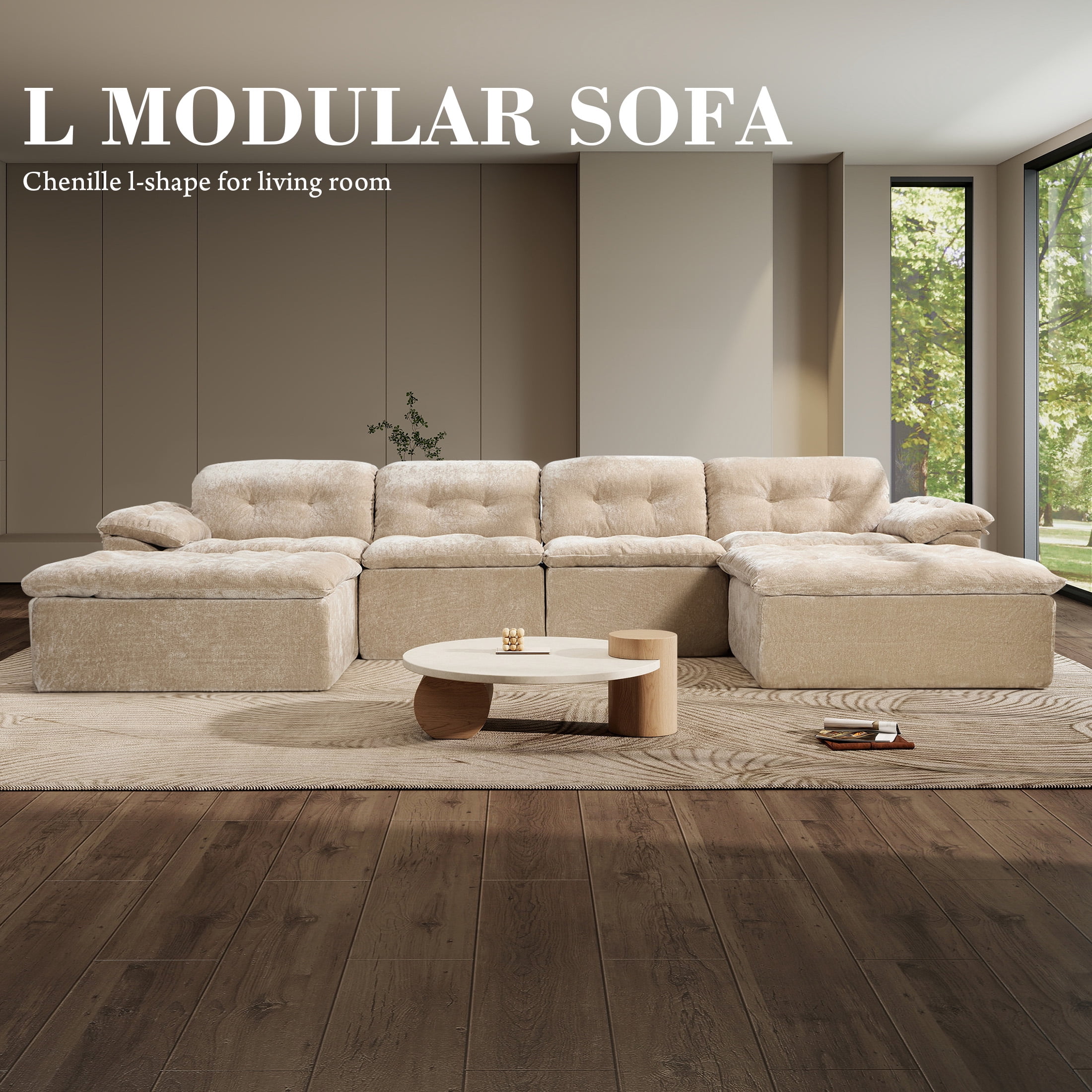 Aukfa 6-Piece U-Shaped Modular Sectional Sofa with 2 Ottomans for Living Room, Ice Flower Chenille, Tan