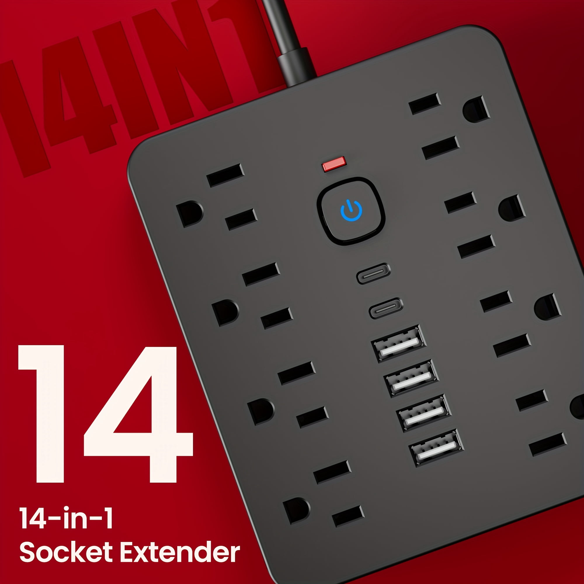 14-in-1 Power Strip with Surge Protector: 8 AC Outlets, 4 USB-A & 2 USB-C Ports, 5/10Ft Cord, Flat Plug, Wall Mount, Overload Protection for Home Office Desktop Charging