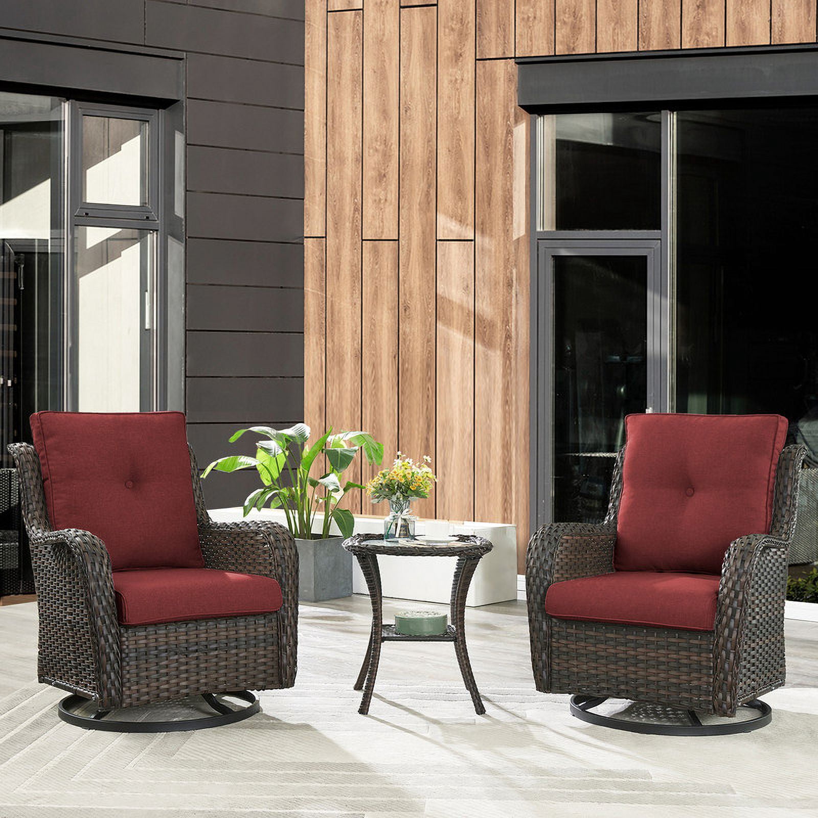 PARKWELL 3-Piece Outdoor Swivel Gliders with Thick Cushions and Side Table - Rattan Wicker Bistro Furniture Set - Brown Wicker and Red Cushion