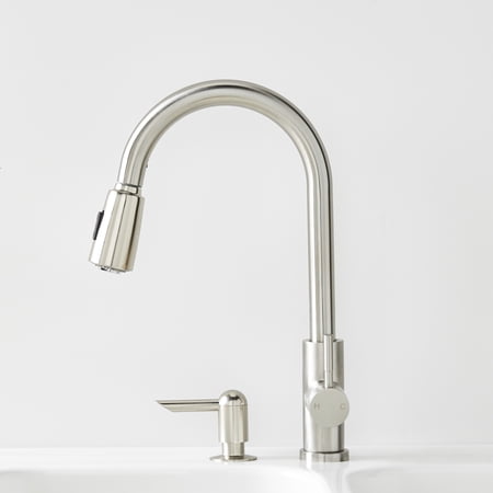 BETTER HOMES & GARDENS ELMONT HIGH SPOUT SINGLE HANDLE PULL DOWN KITCHEN FAUCET WITH SOAP DISPENSER, SATIN NICKEL