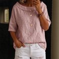 thumbnail image 2 of Womens Shirts Boat Neck Half Sleeve Linen Blouse Casual Loose Fit Solid Color Cotton Linen Summer Lightweight Tops Pink S, 2 of 7