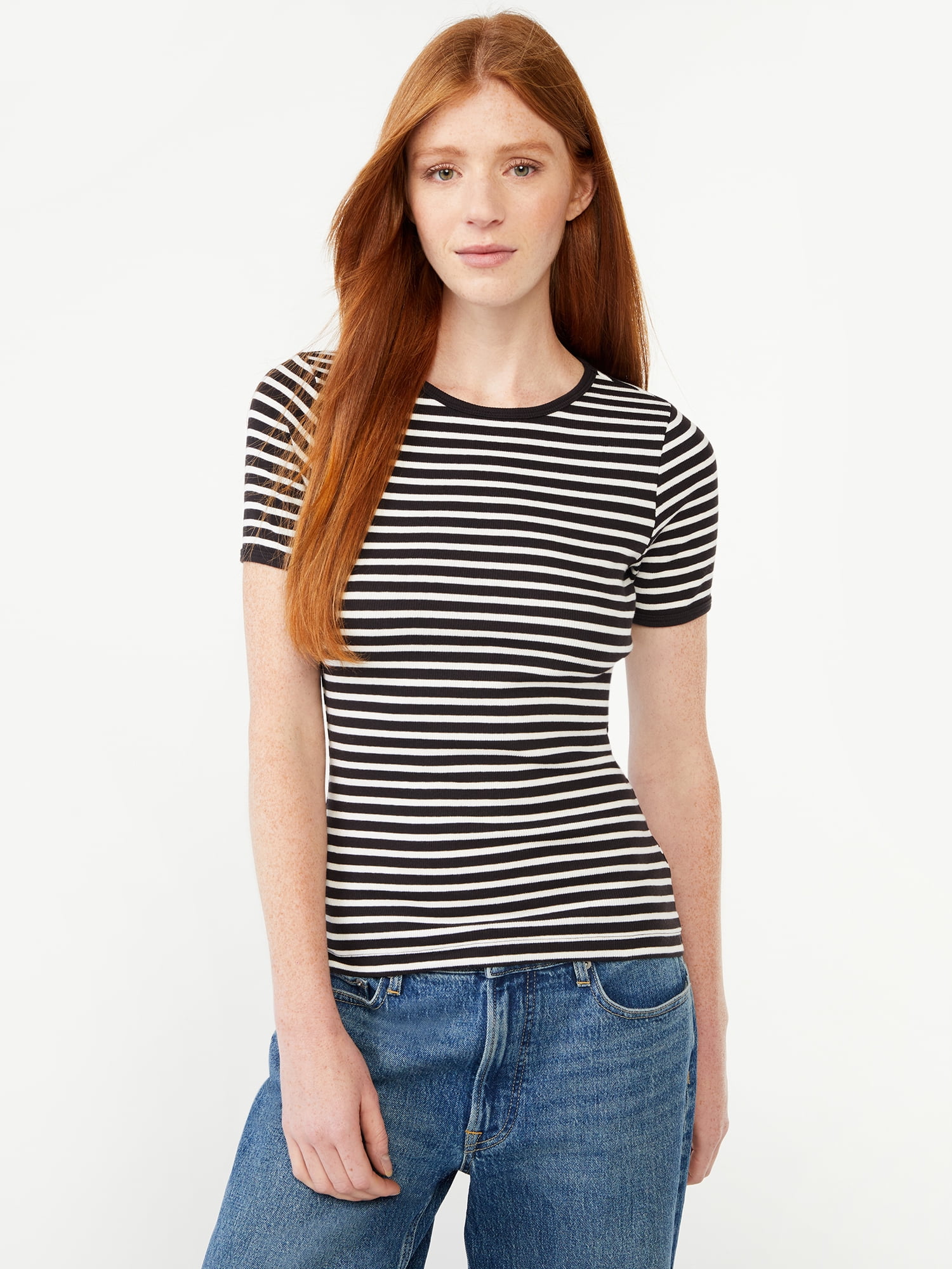 Free Assembly Women's Ribbed Crewneck Tee with Short Sleeves