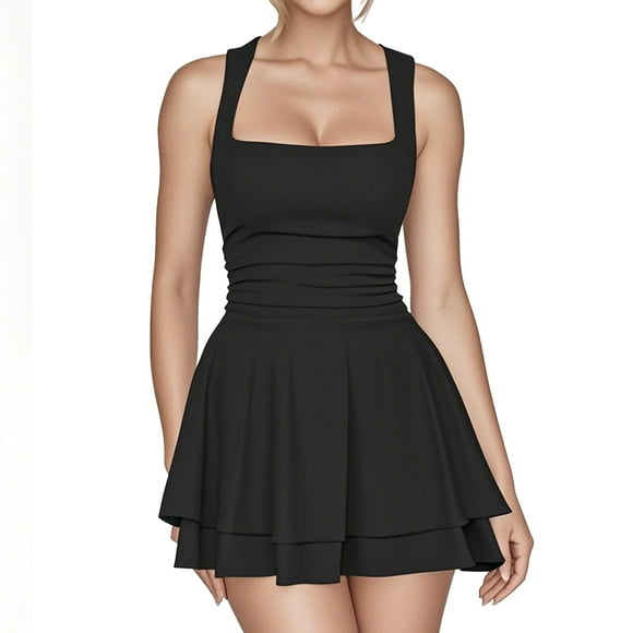 Square Neck Black Mini Dress, Sleeveless Ruched Party Dresses for Women, Ruffled Hem Cocktail Dress for Women