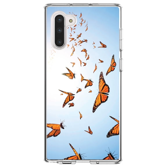 DistinctInk Clear Shockproof Hybrid Case for Samsung Galaxy Note 10 (6.3" Screen) - TPU Bumper, Acrylic Back, Tempered Glass Screen Protector - Flying Monarch Butterflies