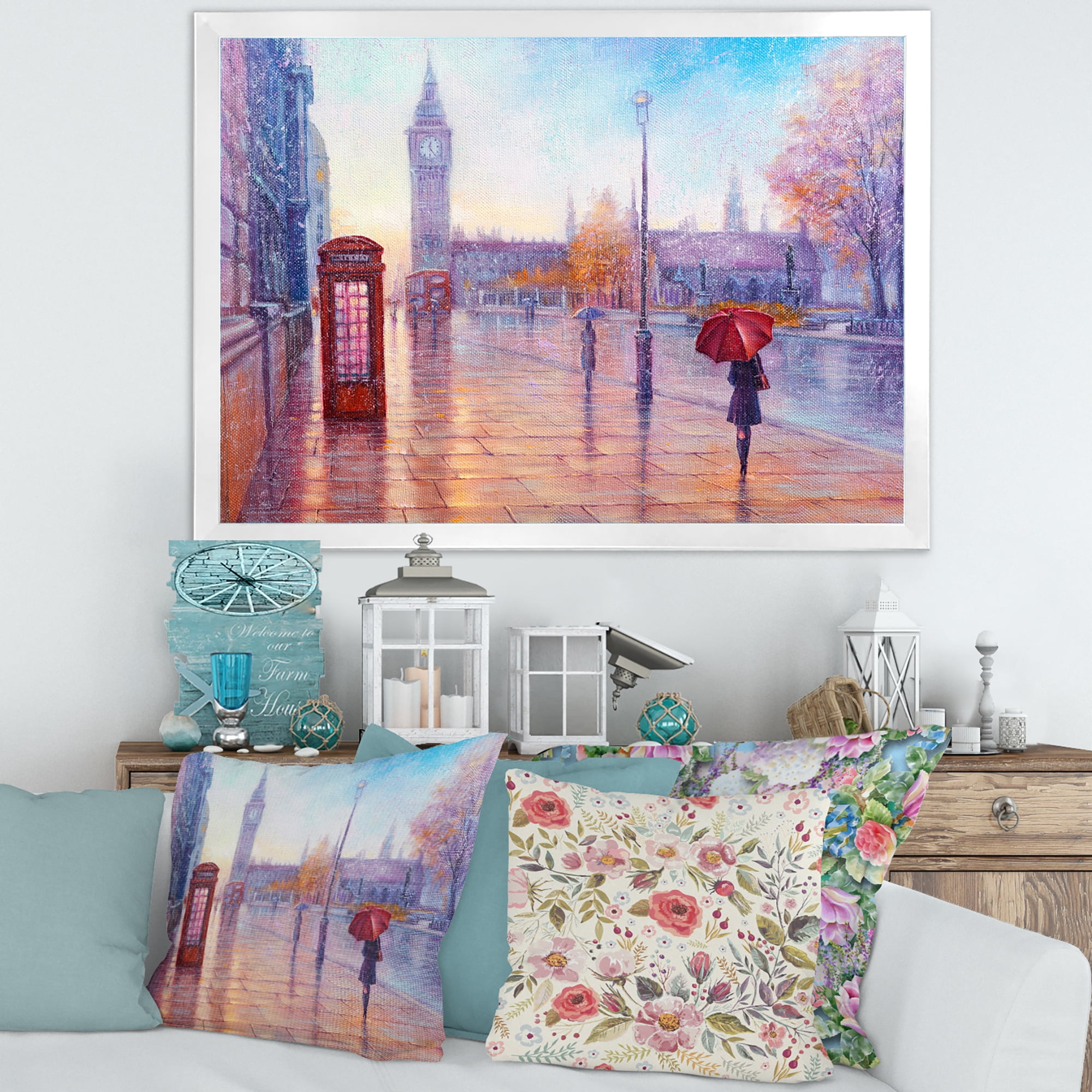 Designart 'Big Ben and Woman With Red Umbrella In London Street' French Country Framed Art Print