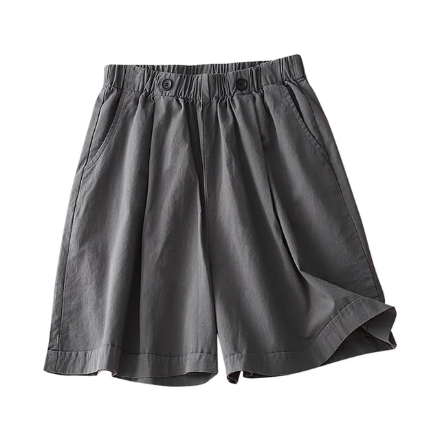 Timegard Shorts for Women Cotton Linen Elastic Waist Button Wide Leg Ruched Causal Loose Shorts Summer
