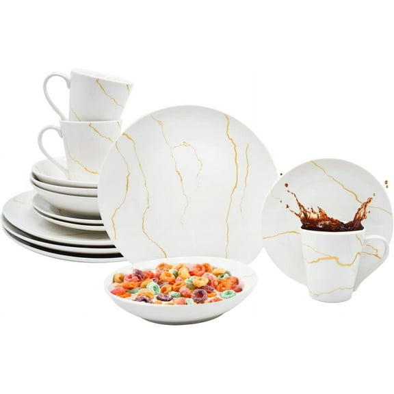Set Vajilla Familiar Porcelana, 16 Piezas para 4 Personas, Modelo Golden Marble, Incluye: Plato Llano, Plato Hondo, Plato Postre y Taza con Caja de Regalo