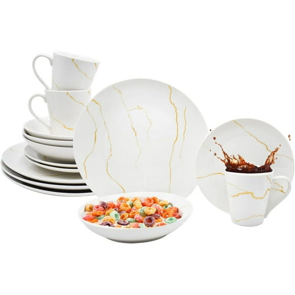 Set Vajilla Familiar Porcelana, 16 Piezas para 4 Personas, Modelo Golden Marble, Incluye: Plato Llano, Plato Hondo, Plato Postre y Taza con Caja de Regalo