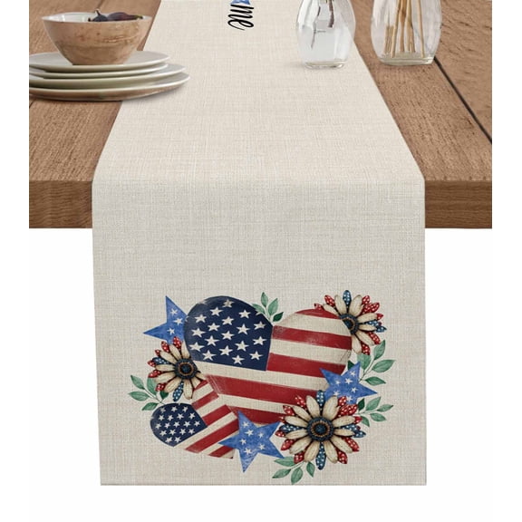 4th of July Table Runner 36 Inches, Red Striped Red Love Heart Navy Independence Day Bed Runner Dresser Scarves Tabletop for Indoor Outdoor Parties/Ceremony/Banquet, 13"x 36"