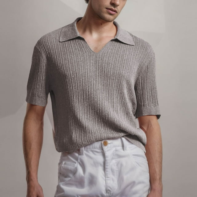 Playera Elvqul Caballero Gris Manga Corta Economicas Botones con Solapa Liso Algodón