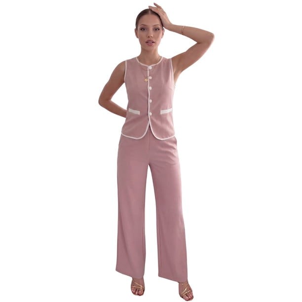Conjunto Moderno 2 Piezas para Mujer, Chaleco con Botones y Pantalón Recto Moderno con Diseño Chic