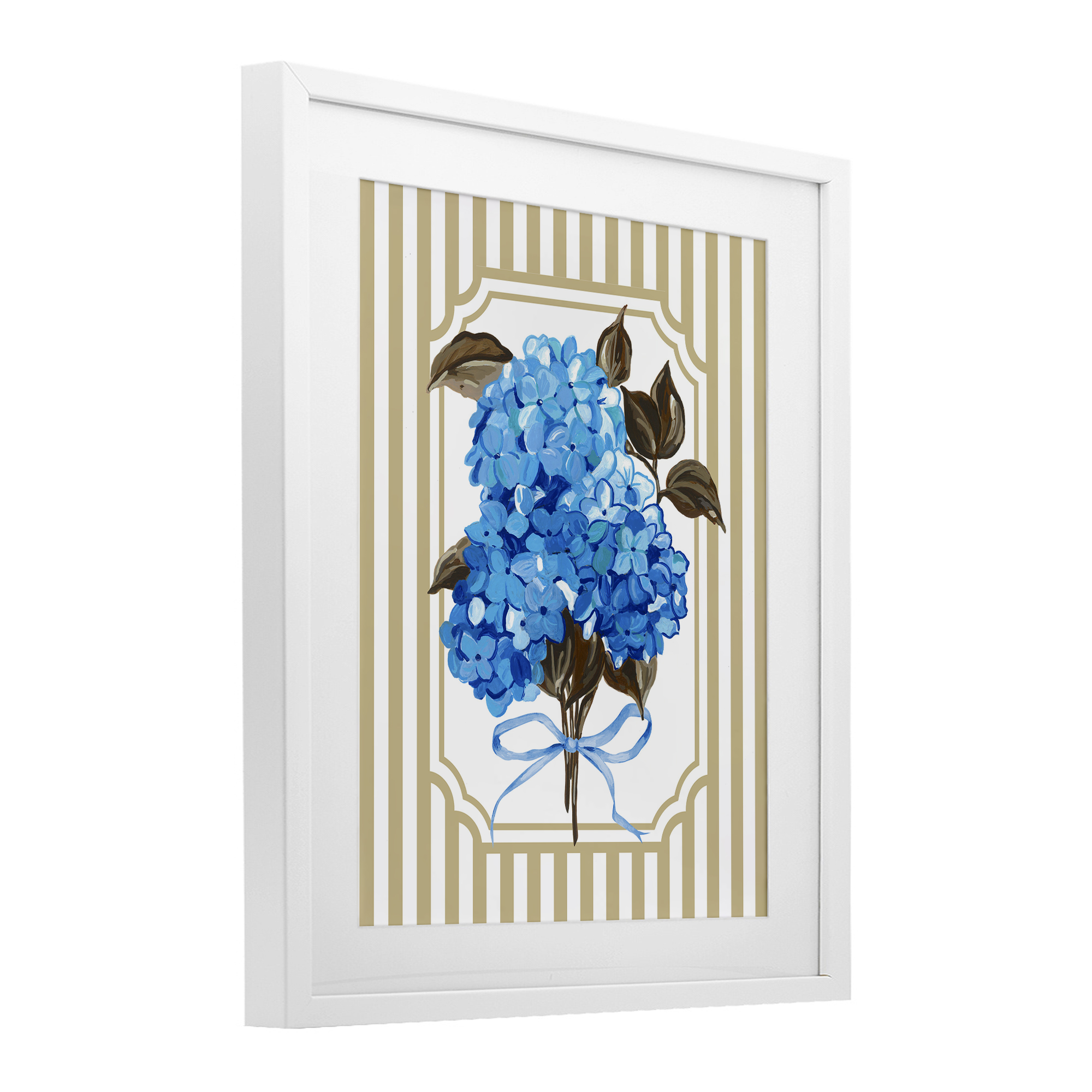 Blue Hydrangea Blossom Bow White Framed Print Under Glass, design by Adonna Ebrahimi